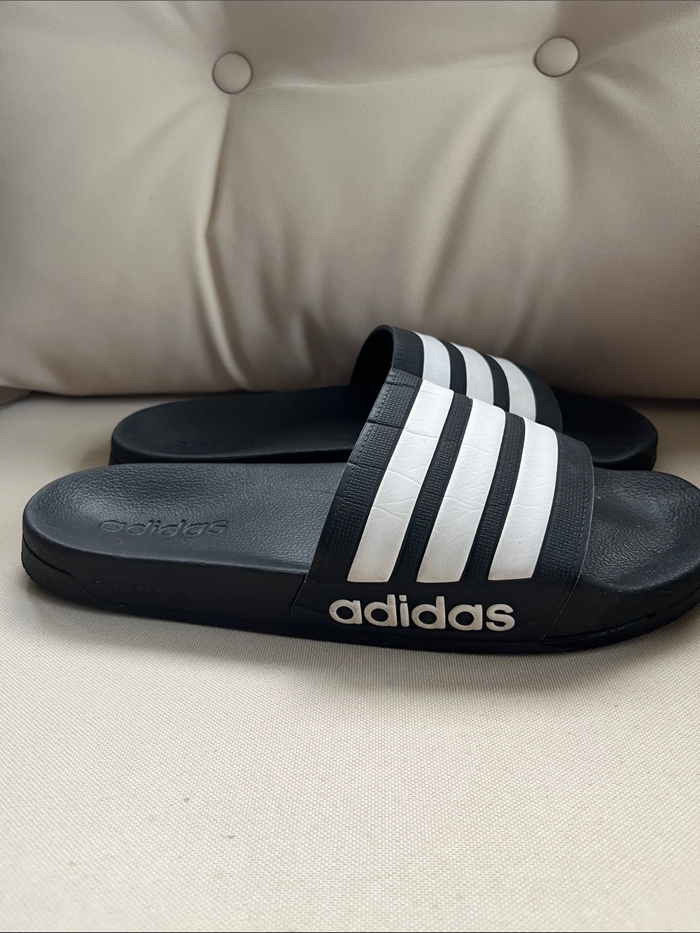 adidas Black and White Slide Sandals with Three Stripes